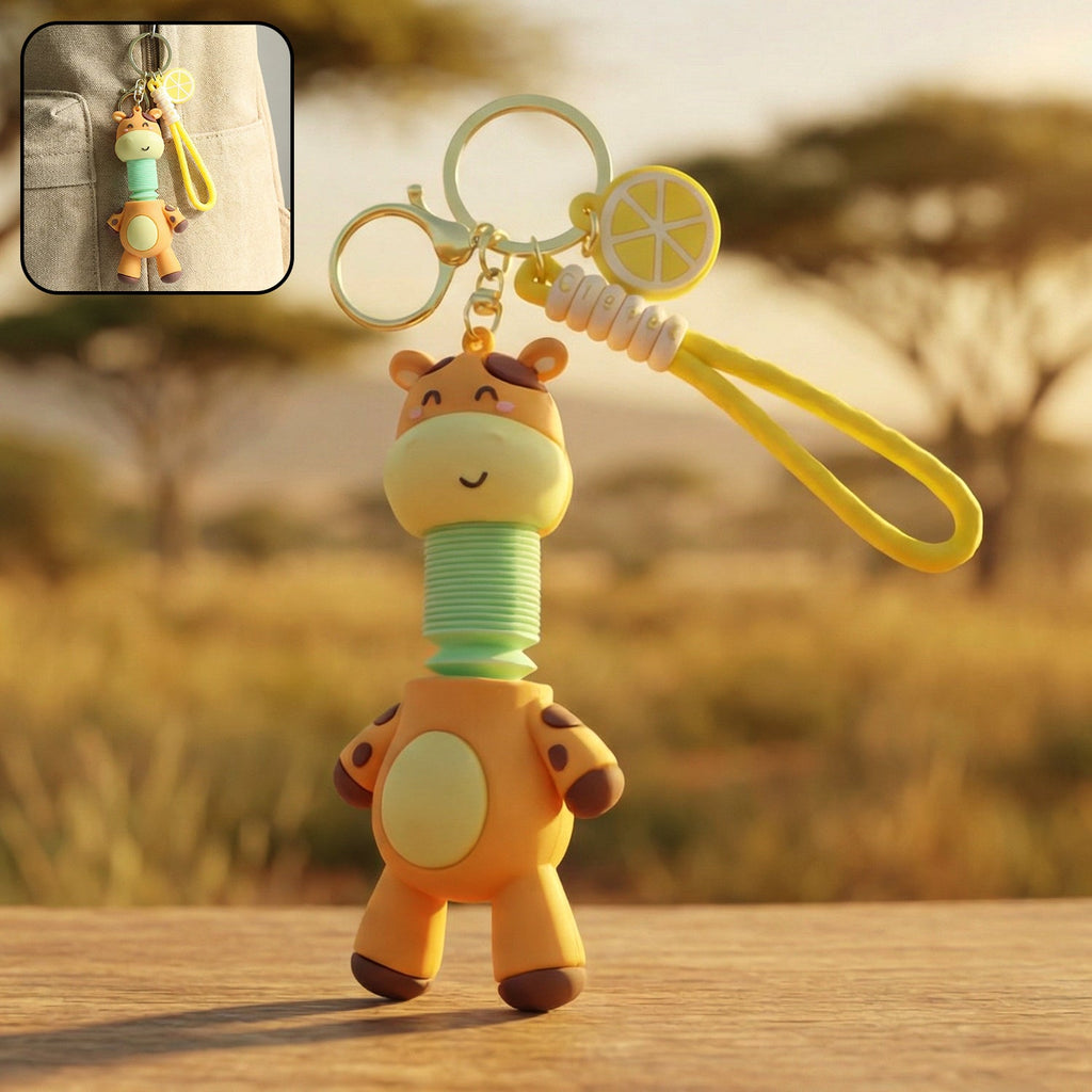 Giraffe keychain with metal ring and attached wrist strap