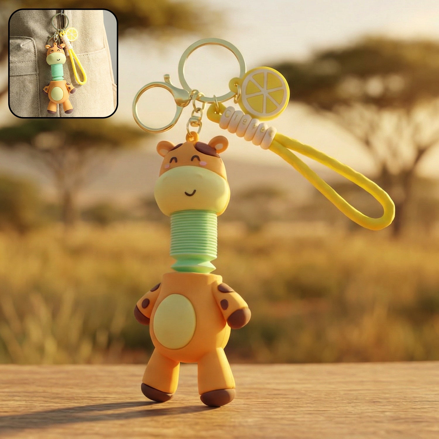 Giraffe keychain with metal ring and attached wrist strap