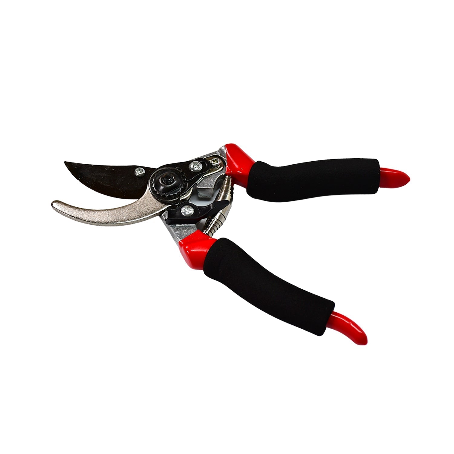 Red 21cm garden pruner tool with safety lock.