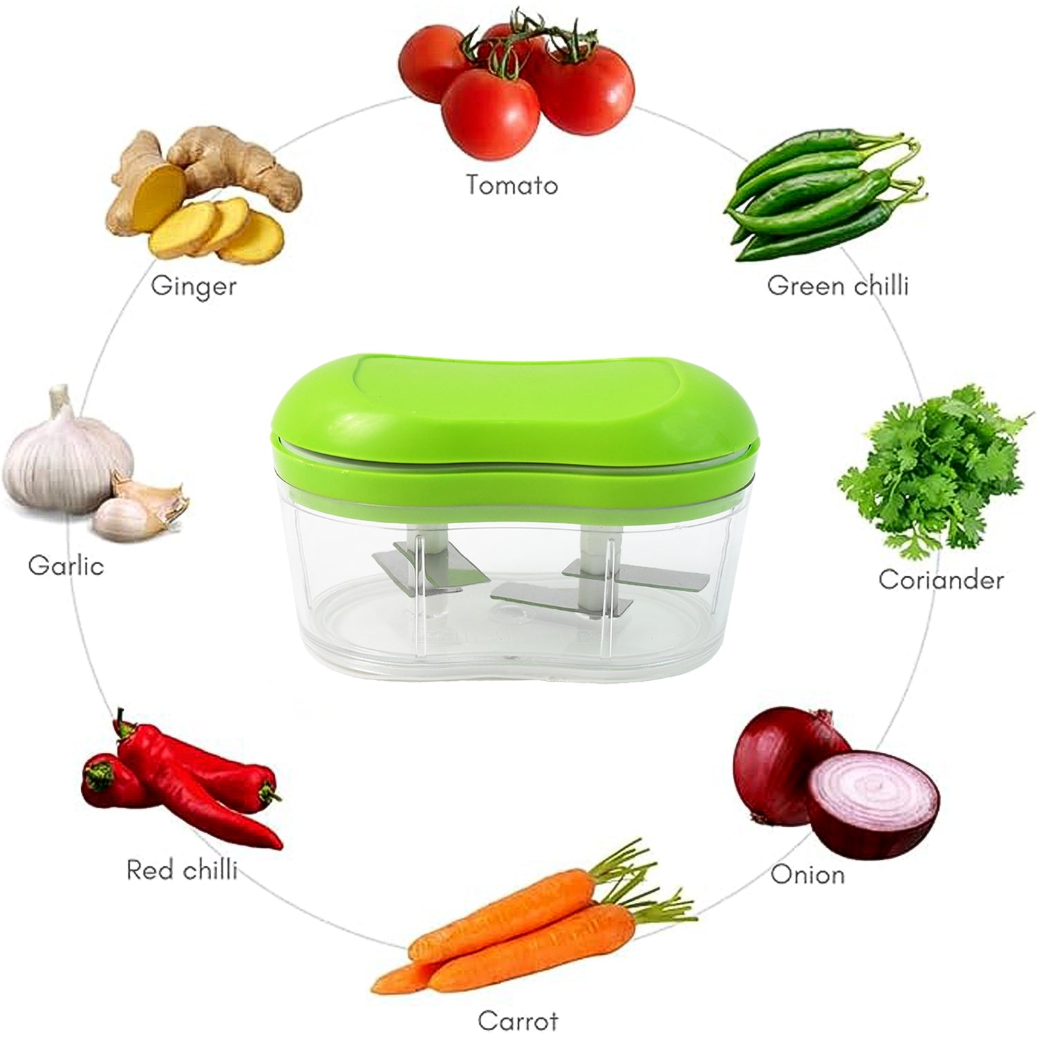 Assembled manual hand push garlic and vegetable chopper displayed