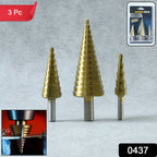 Close-up view of the titanium-coated HSS steel step drill bits, highlighting precision tips.