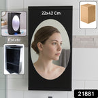 Close-up of mirror box on rotating wall mounted storage cabinet