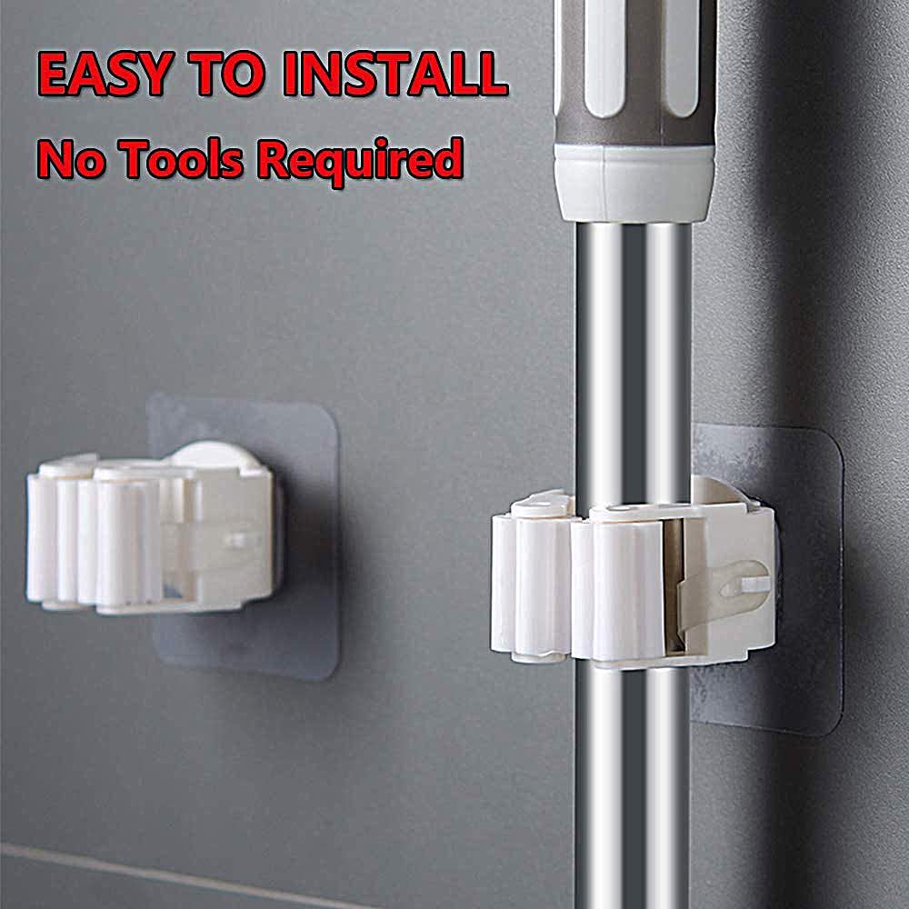 Comparison graphic illustrating the benefits of the self-adhesive mop holder over traditional storage.