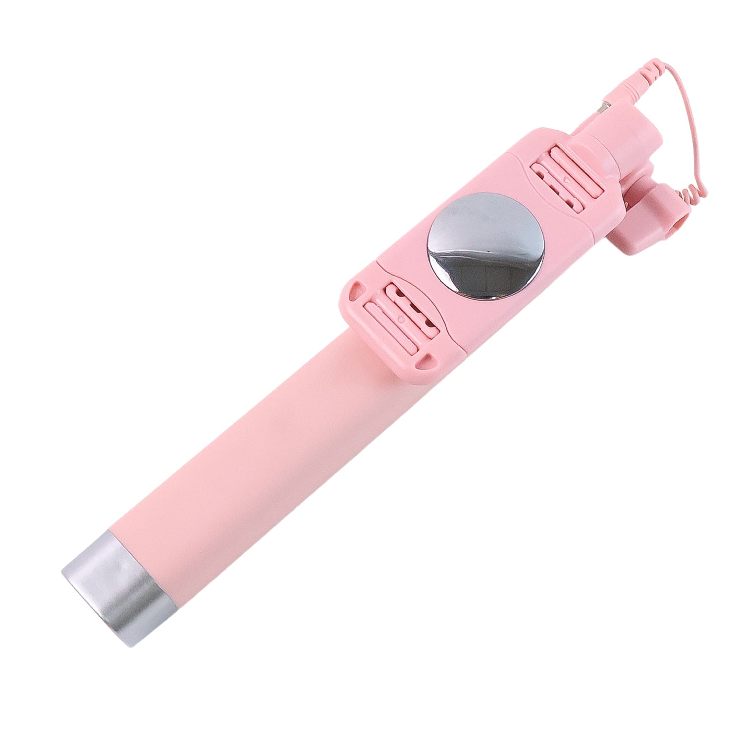 Folded wired selfie stick with rearview mirror showing portability