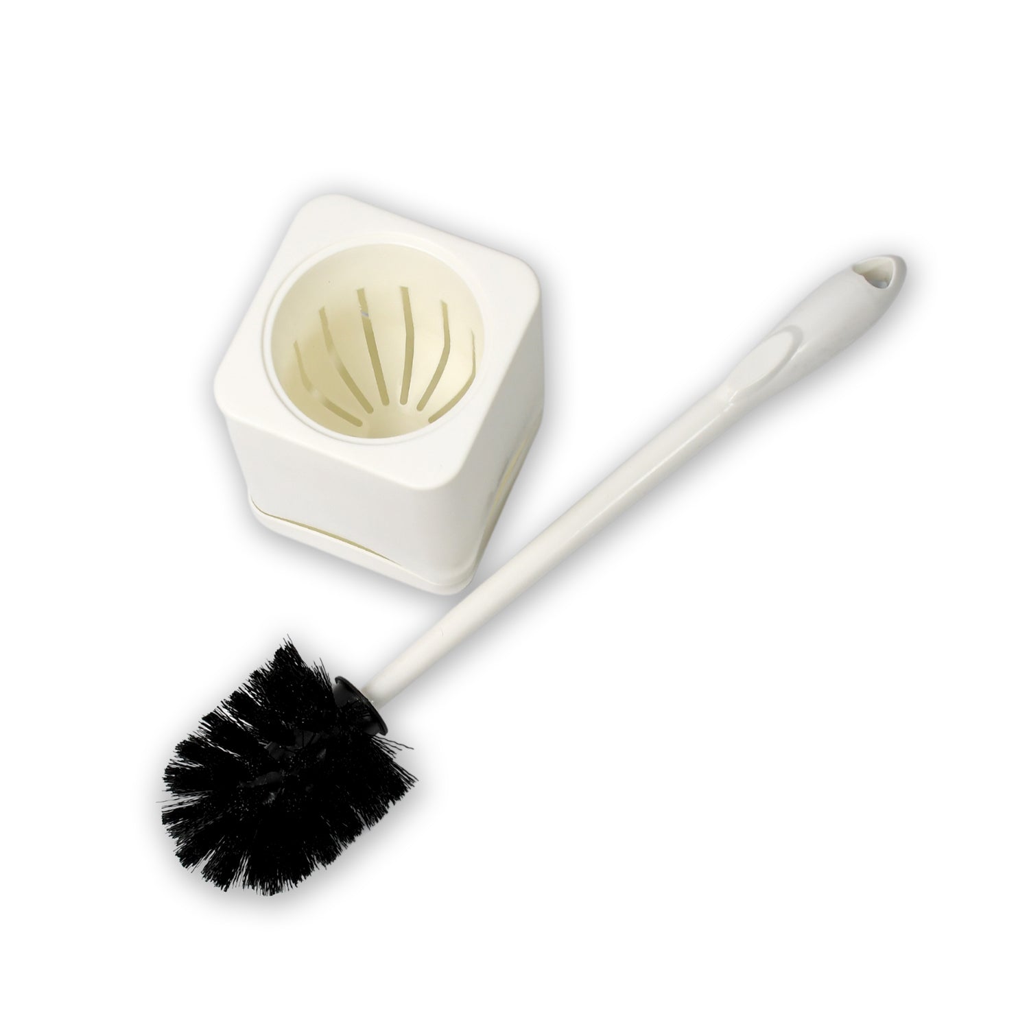 Floor-standing toilet brush and holder for easy placement.