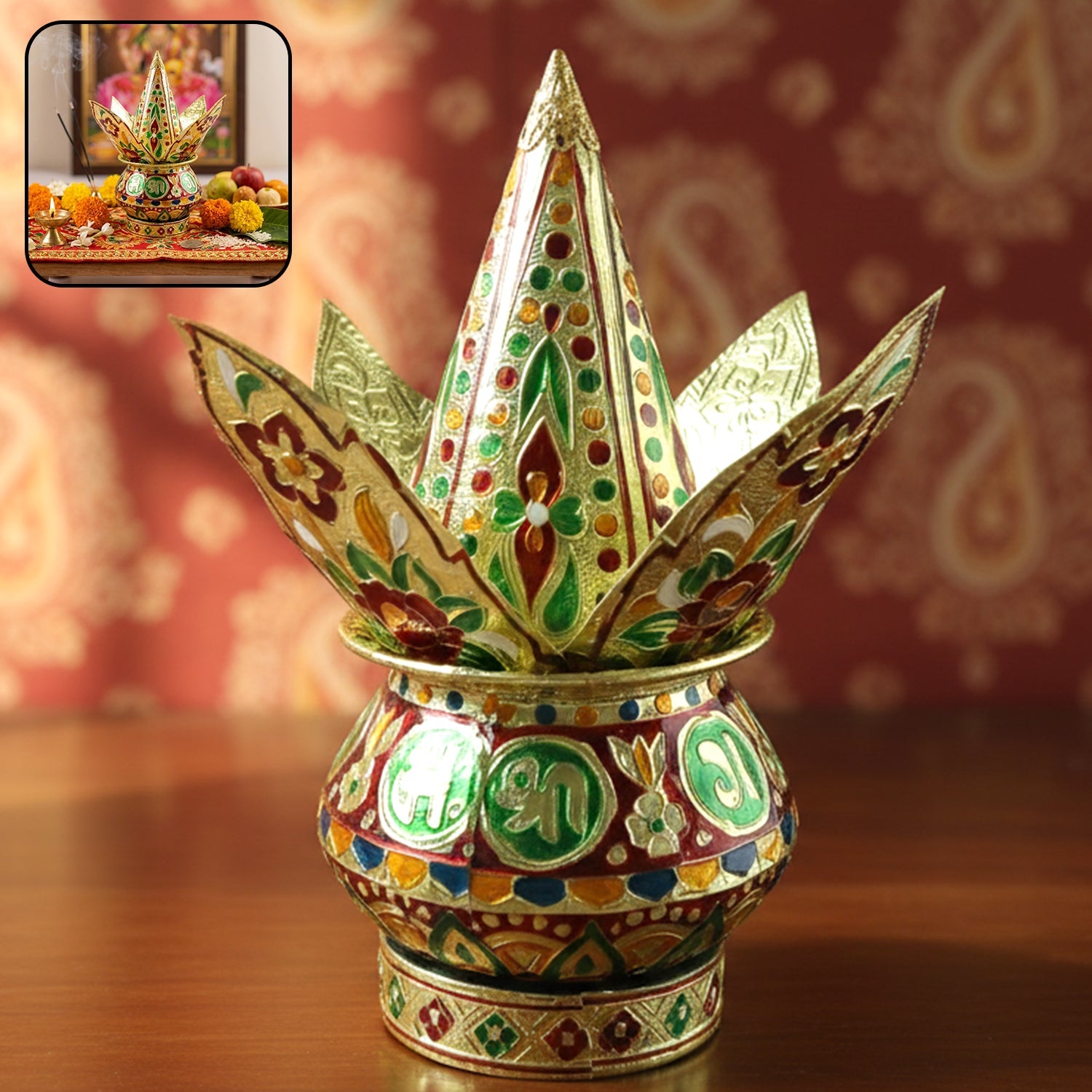 Ornate lotus crown kalash enhancing spiritual ambiance during rituals