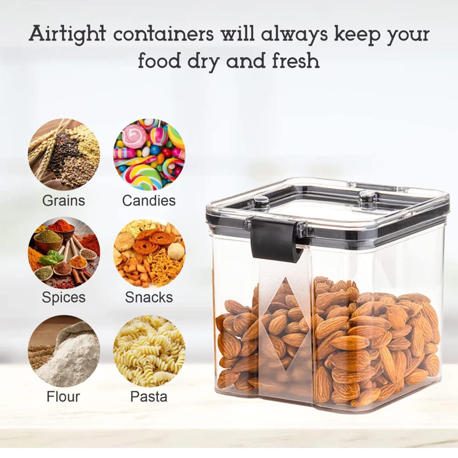 Display of 700ml square food storage containers in a four-pack, emphasizing their utility.