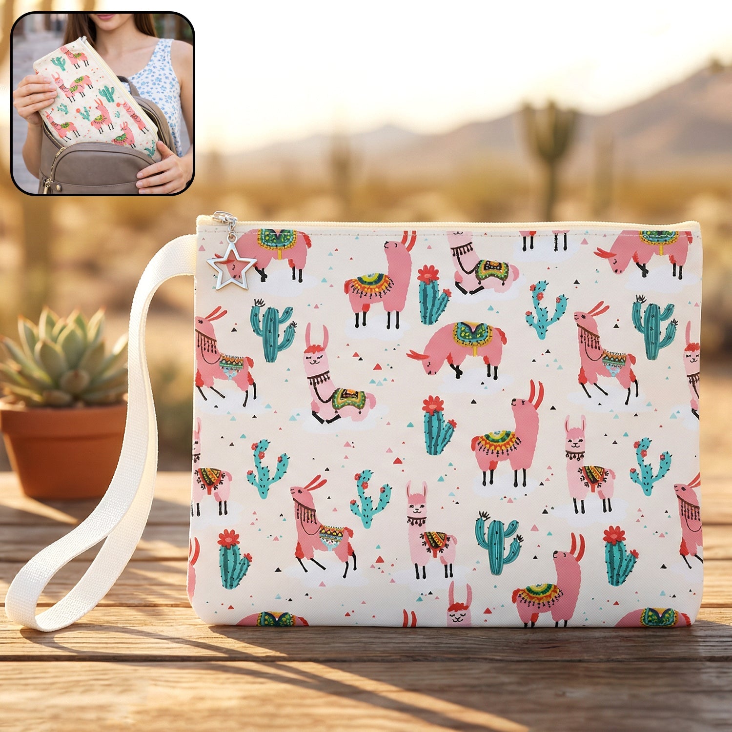 Printed zipper pouch with colorful pattern and wrist strap