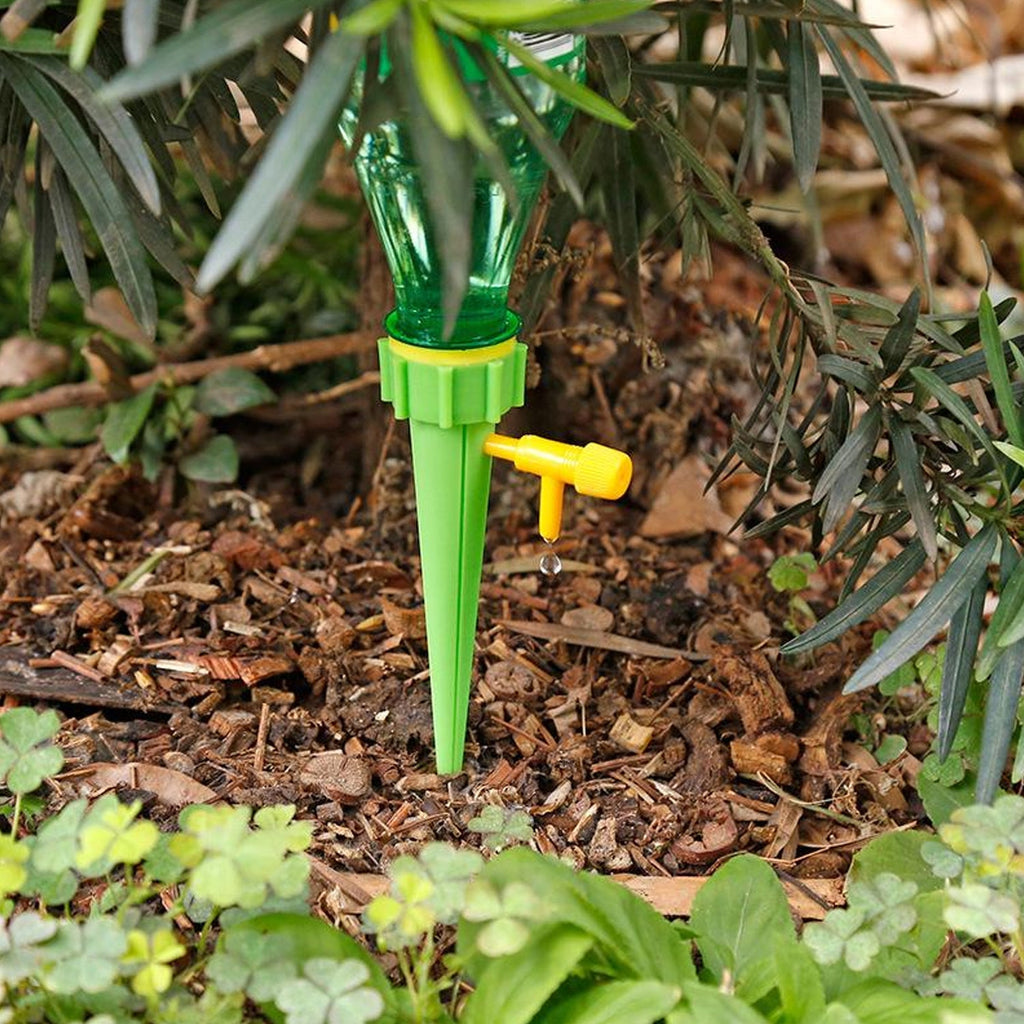 Plant watering spike in use with a plastic bottle in a potted plant.