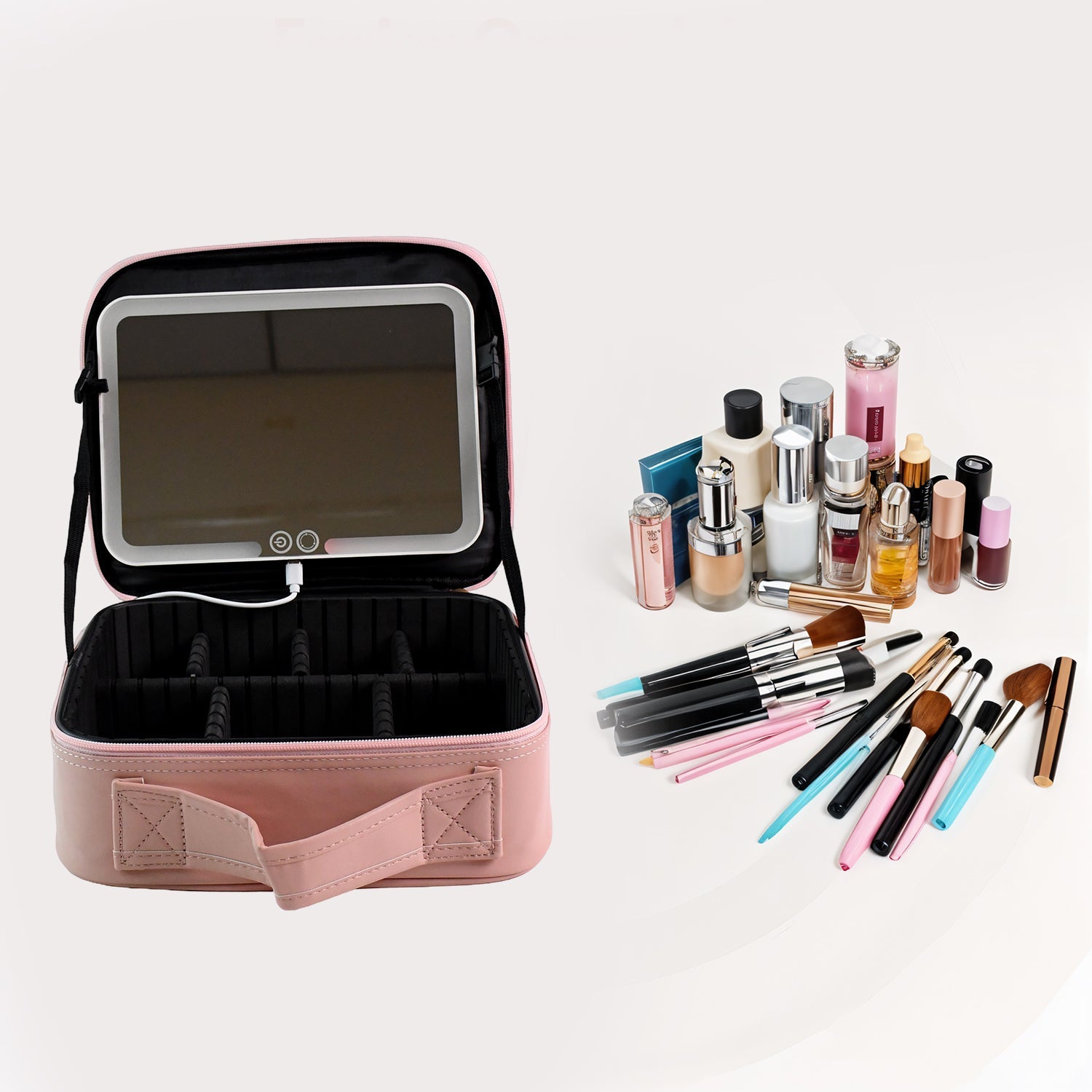 Woman applying makeup using LED light mirror makeup organizer