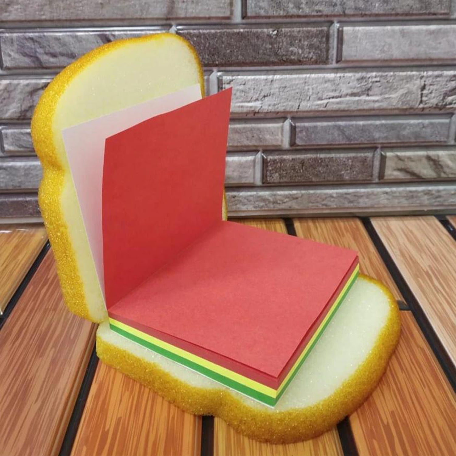 Detailed view of sandwich-shaped sticky notes highlighting paper texture.
