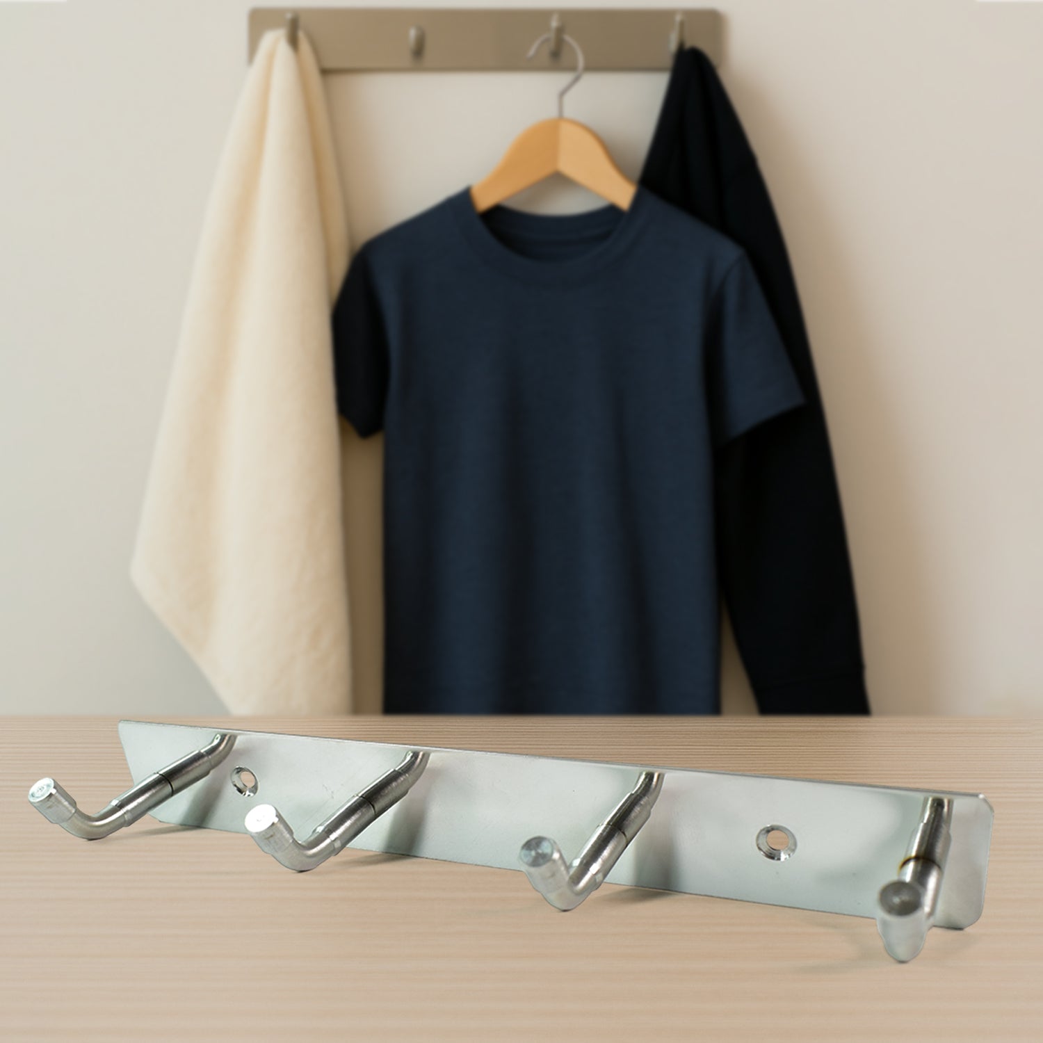 Installation hardware included with stainless steel 4 hook rack