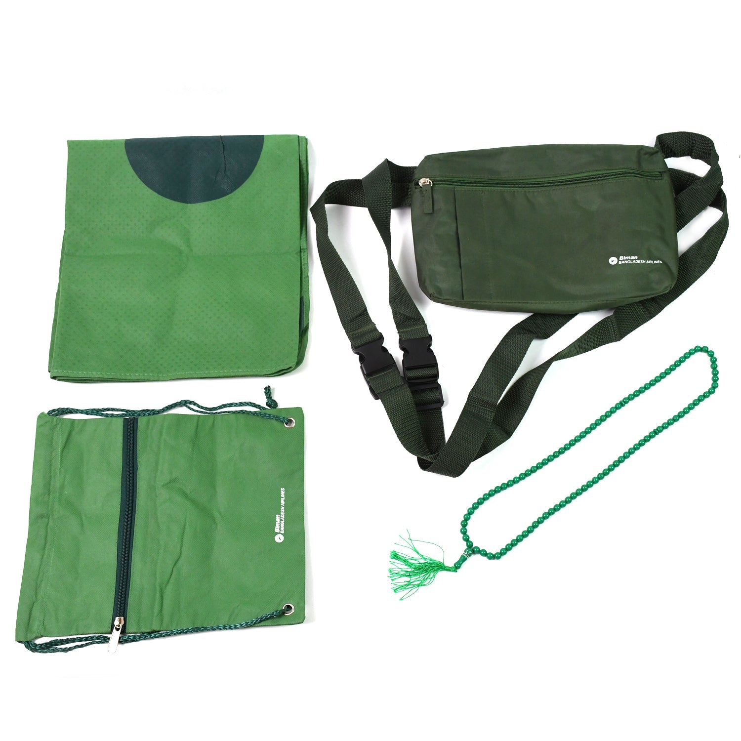 An overhead shot showcasing all components of the Umrah essentials kit, neatly arranged.