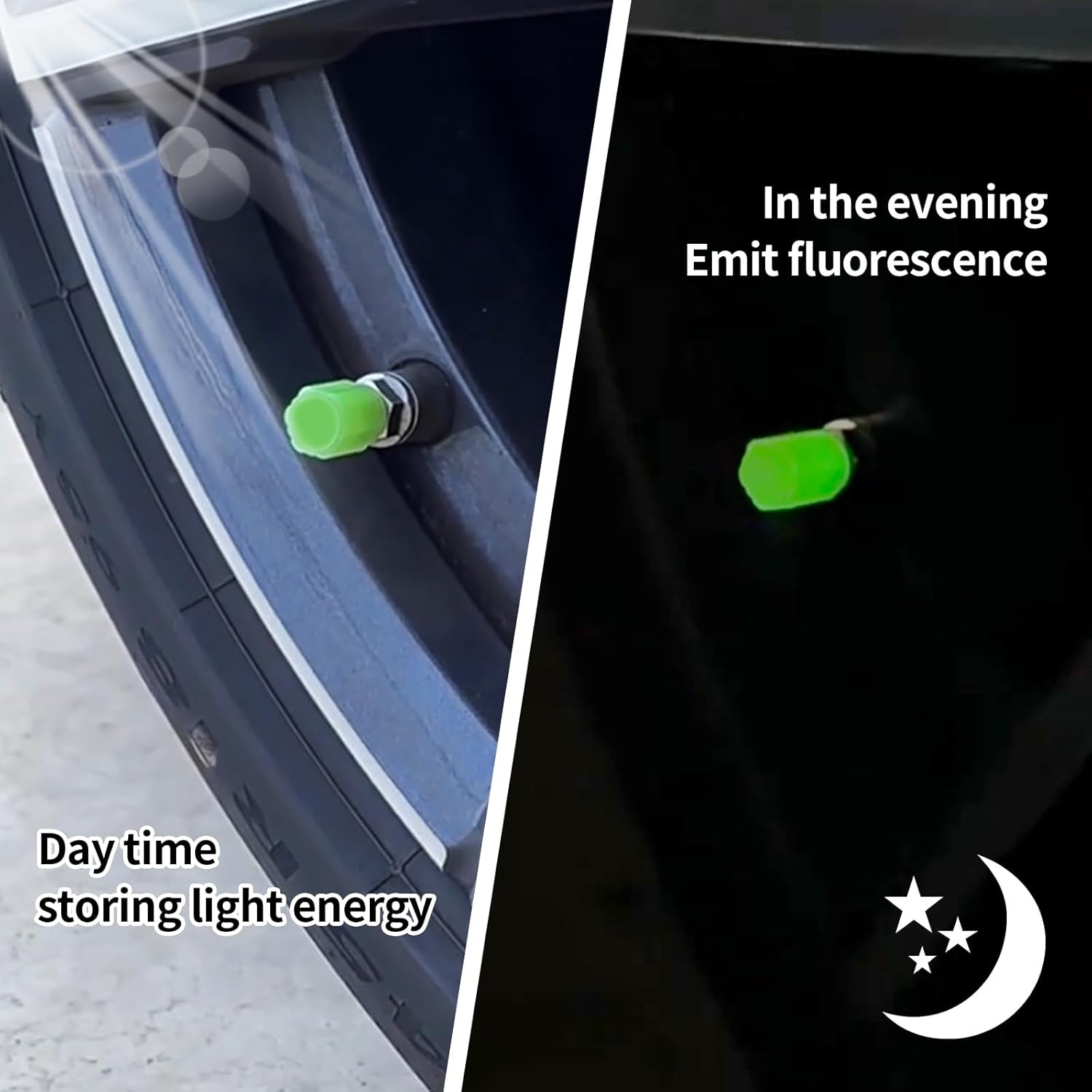 Set of light-lock luminous tyre valve caps for car and bike tires