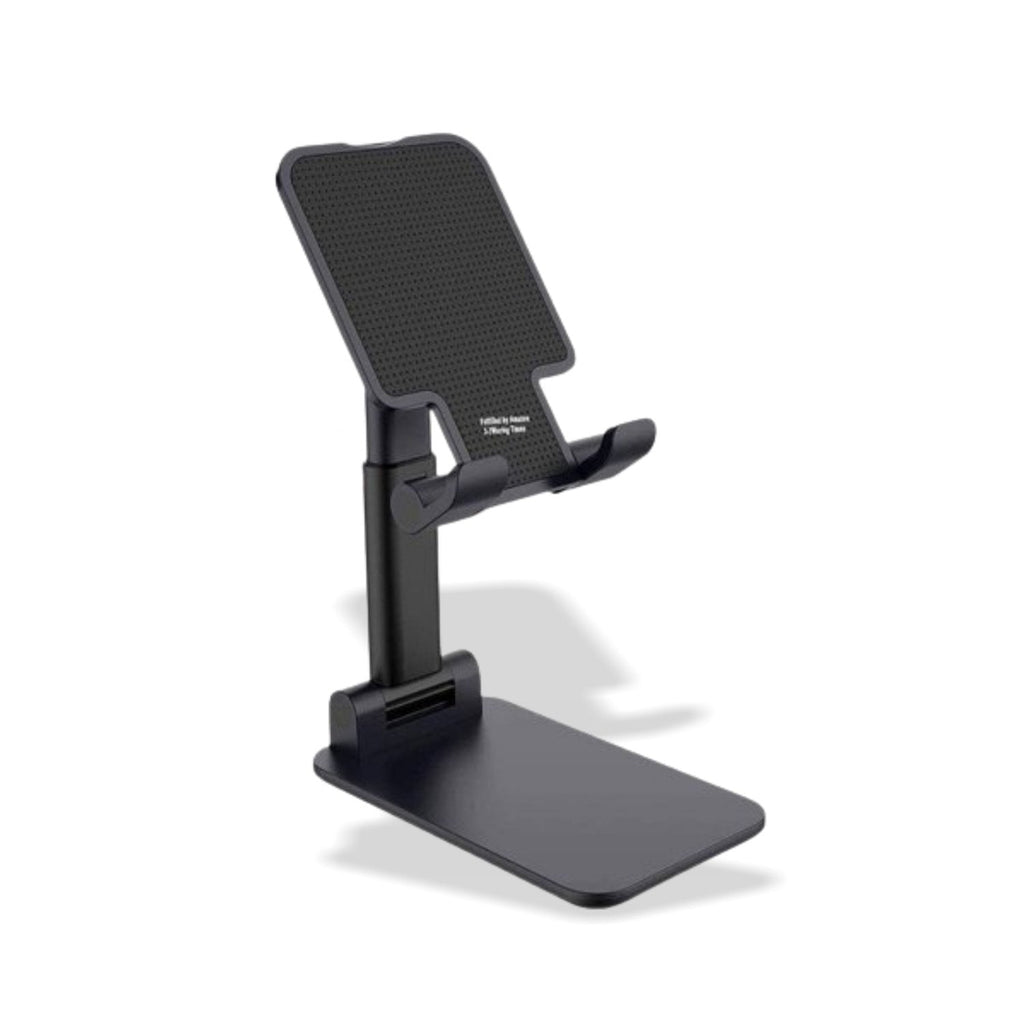 Person using the desktop tablet stand for hands-free video viewing.