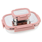 Three stainless steel lunch boxes stacked, demonstrating their compact storage.