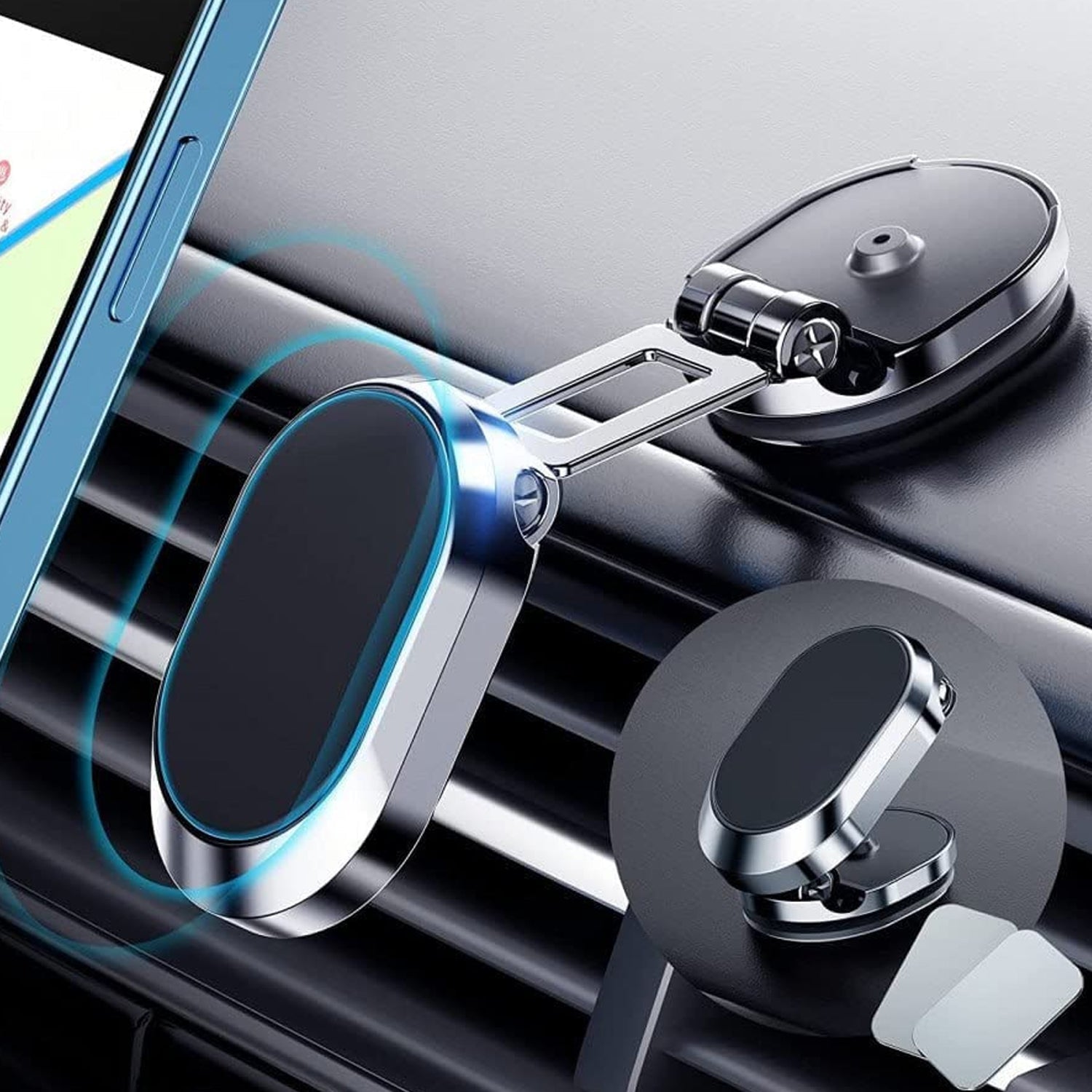 An overhead shot of the magnetic phone holder with a phone in landscape orientation.