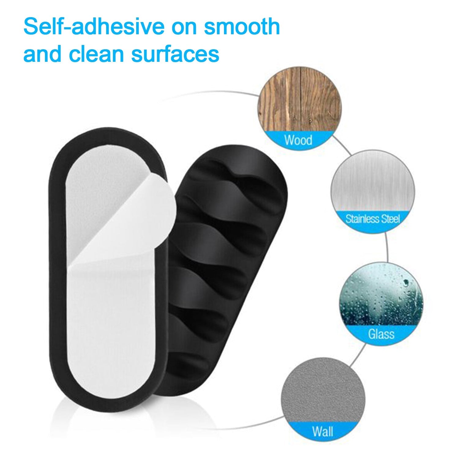 Multi-use cable clips securing headphones and USB wires on a bedside table.