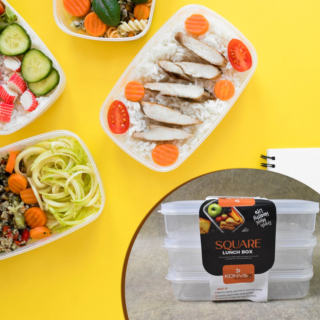 Three empty Konvex plastic square lunch boxes stacked neatly for space-saving storage.