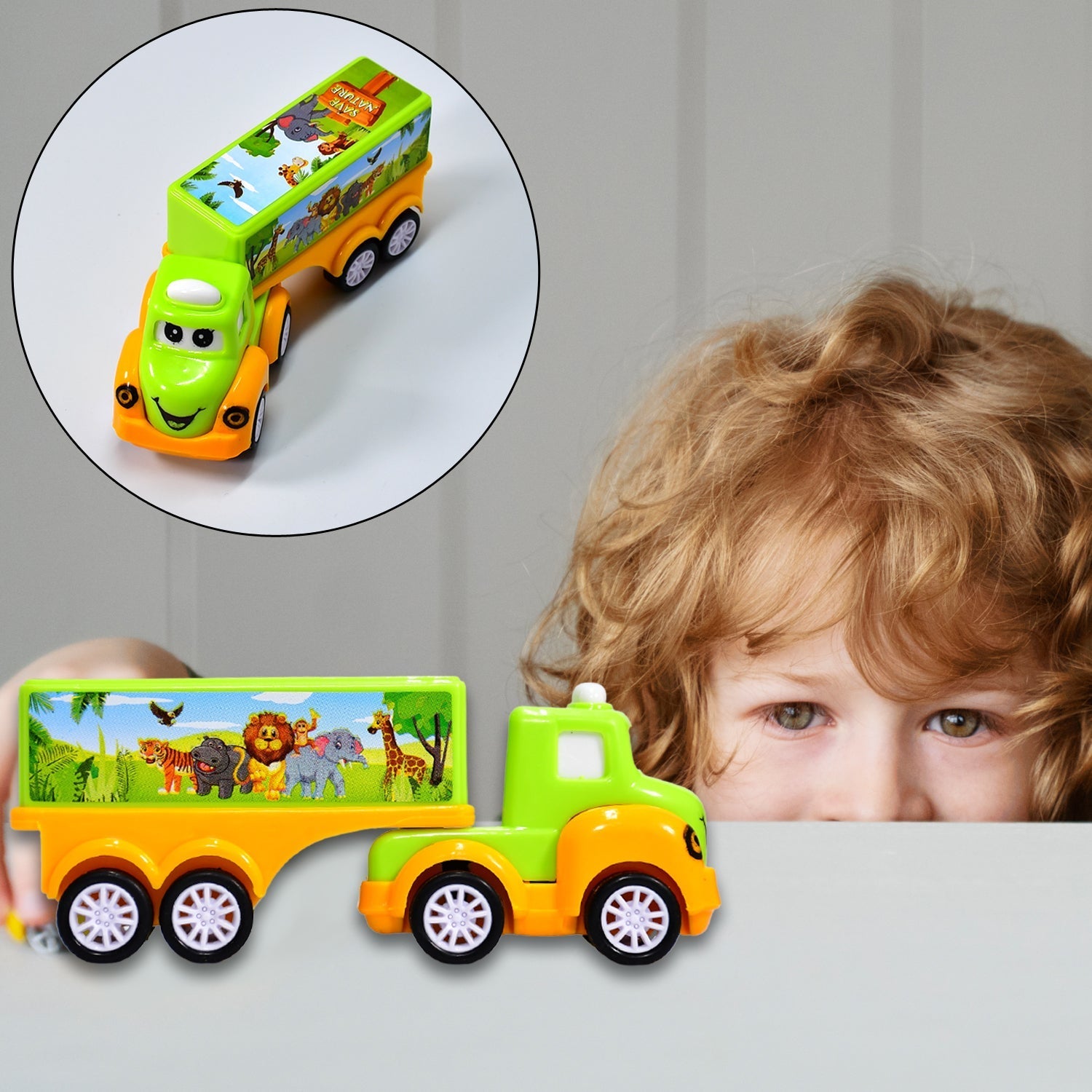 Front angle of the green and yellow vehicle toy for children.