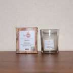 A close-up of the elegant glass jar, perfect for a reusable candle container.