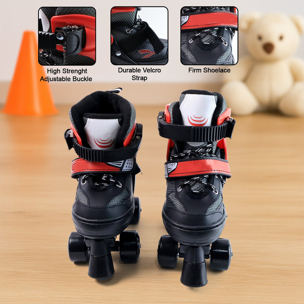 Sporty designed kids quad roller skates with adjustable sizing mechanism