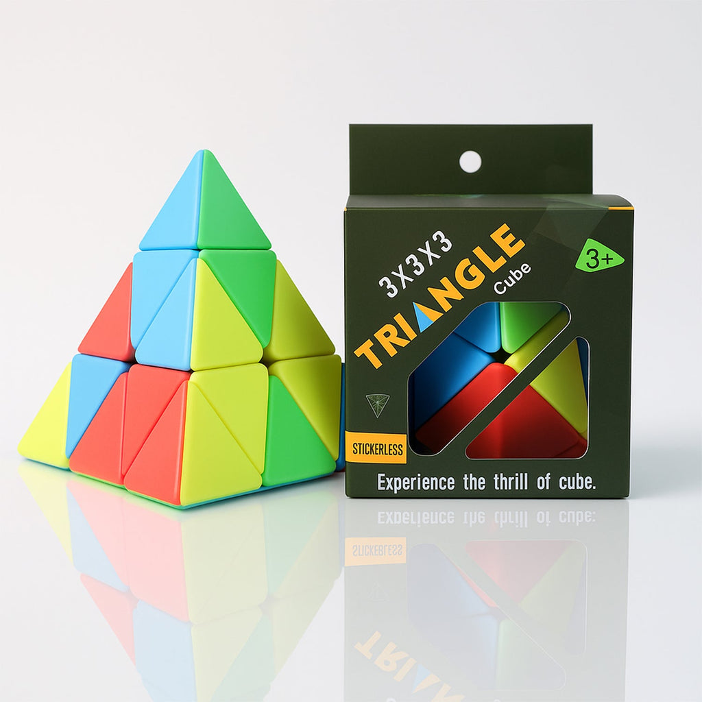 Engaging pyramid-shaped triangle puzzle cube for travel and play
