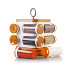 Close-up of the Ganesh Storewell plastic spice rack, highlighting the secure jar lids.