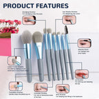 The complete collection of 8 makeup brushes with their handles in mixed pastel colors.