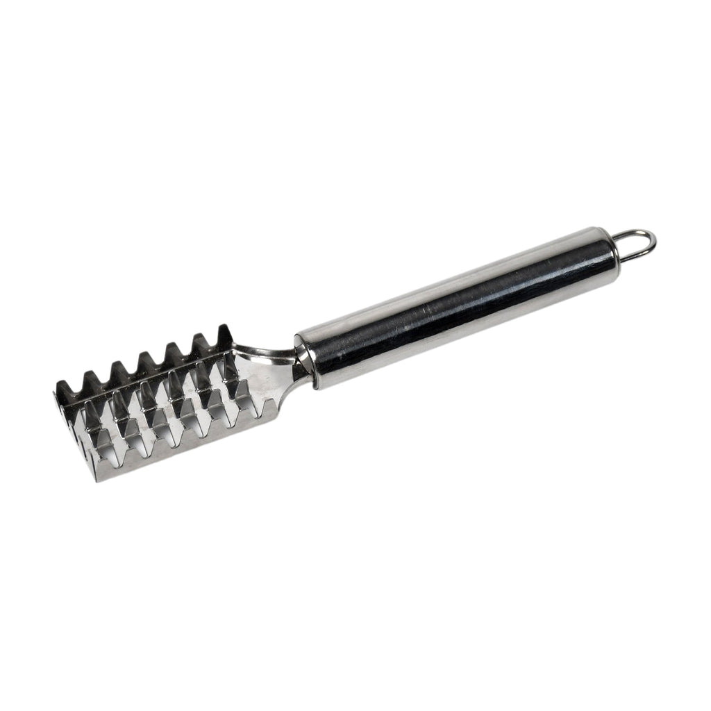 The complete stainless steel fish scale remover with its handle and blade.