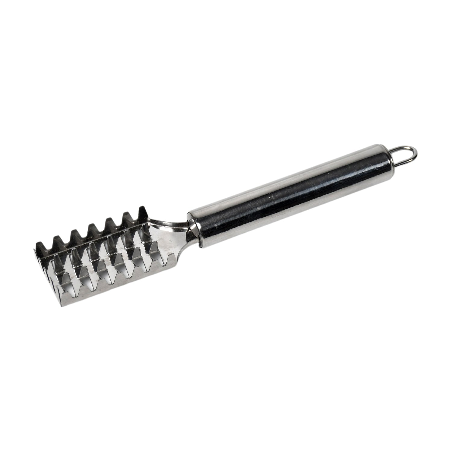 The complete stainless steel fish scale remover with its handle and blade.