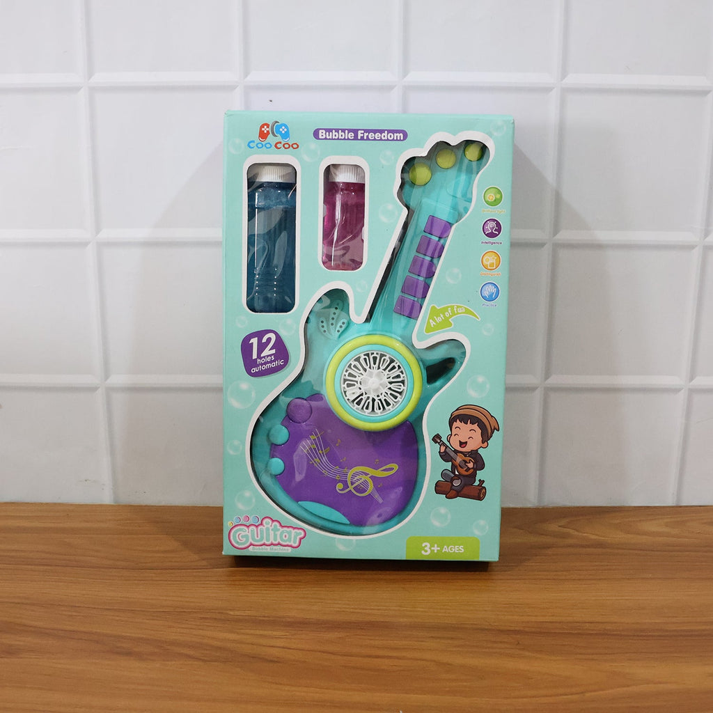 Kids enjoying and playing with guitar-shaped bubble machine