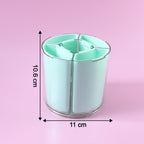 Rotating pen holder close-up showing stable base and compartment design