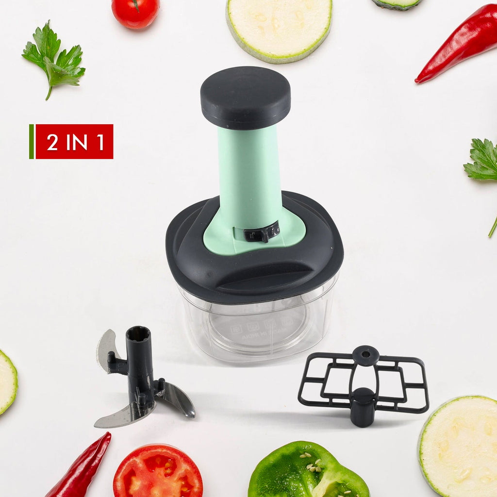 Side view of the Quickslice hand push chopper, highlighting its durable and compact design.