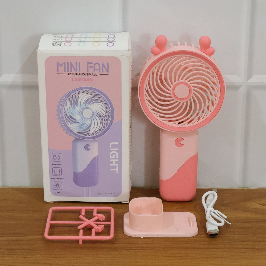 Quiet portable mini fan with foldable stand and LED light