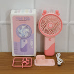 Quiet portable mini fan with foldable stand and LED light