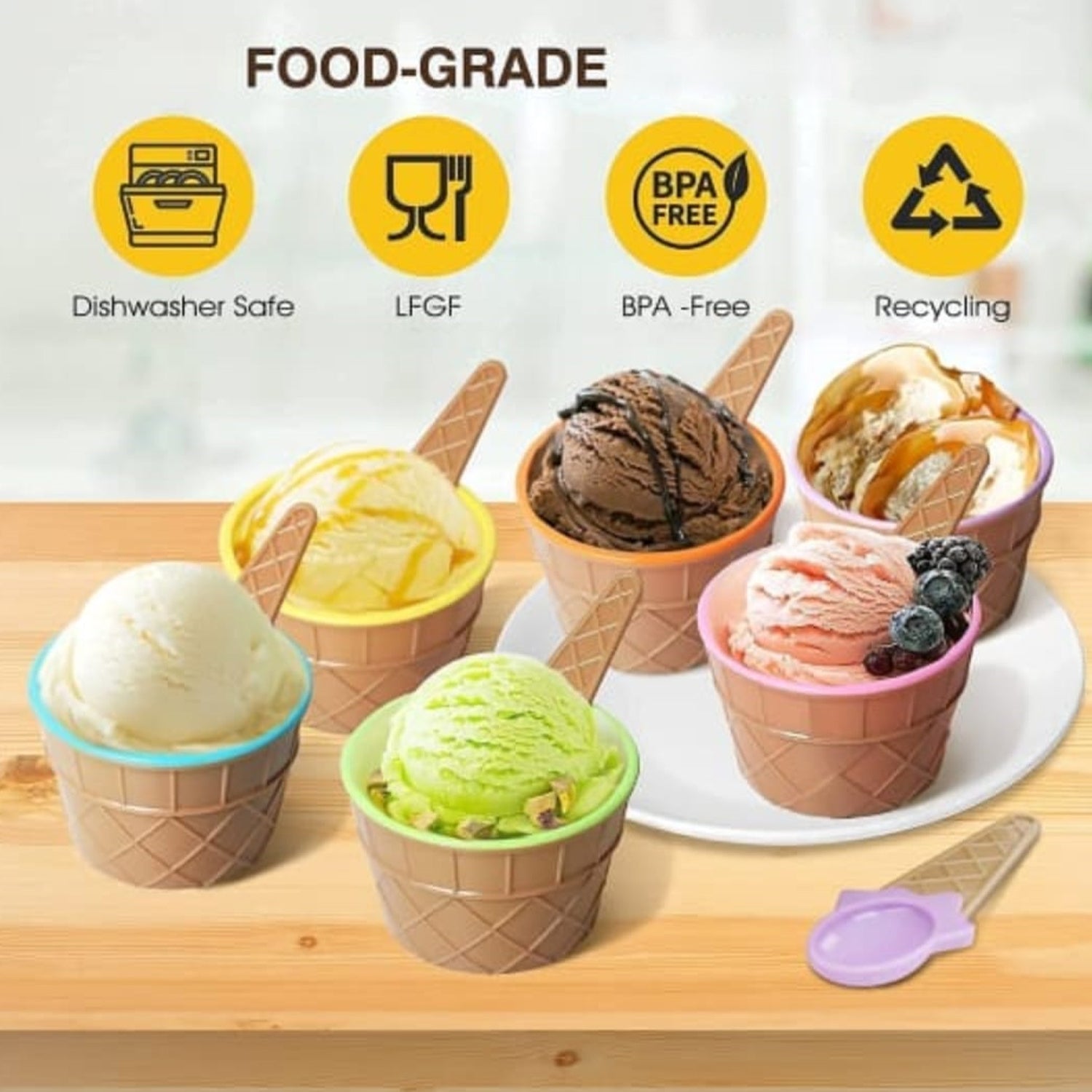 Detail view of the durable plastic material of the ice cream bowls