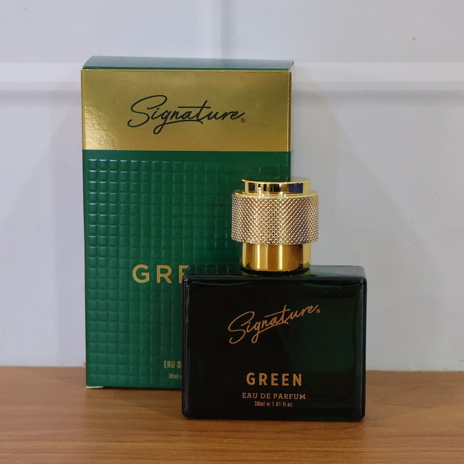 Premium green eau de perfume fragrance in stylish bottle