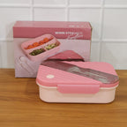 Portable kids lunch container with secure lid and cutlery included