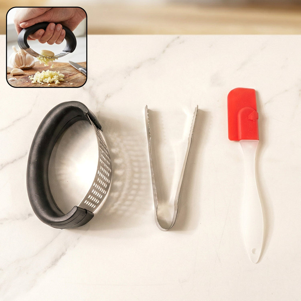 3-in-1 kitchen tool set showing garlic crusher, food tongs, and silicone spatula