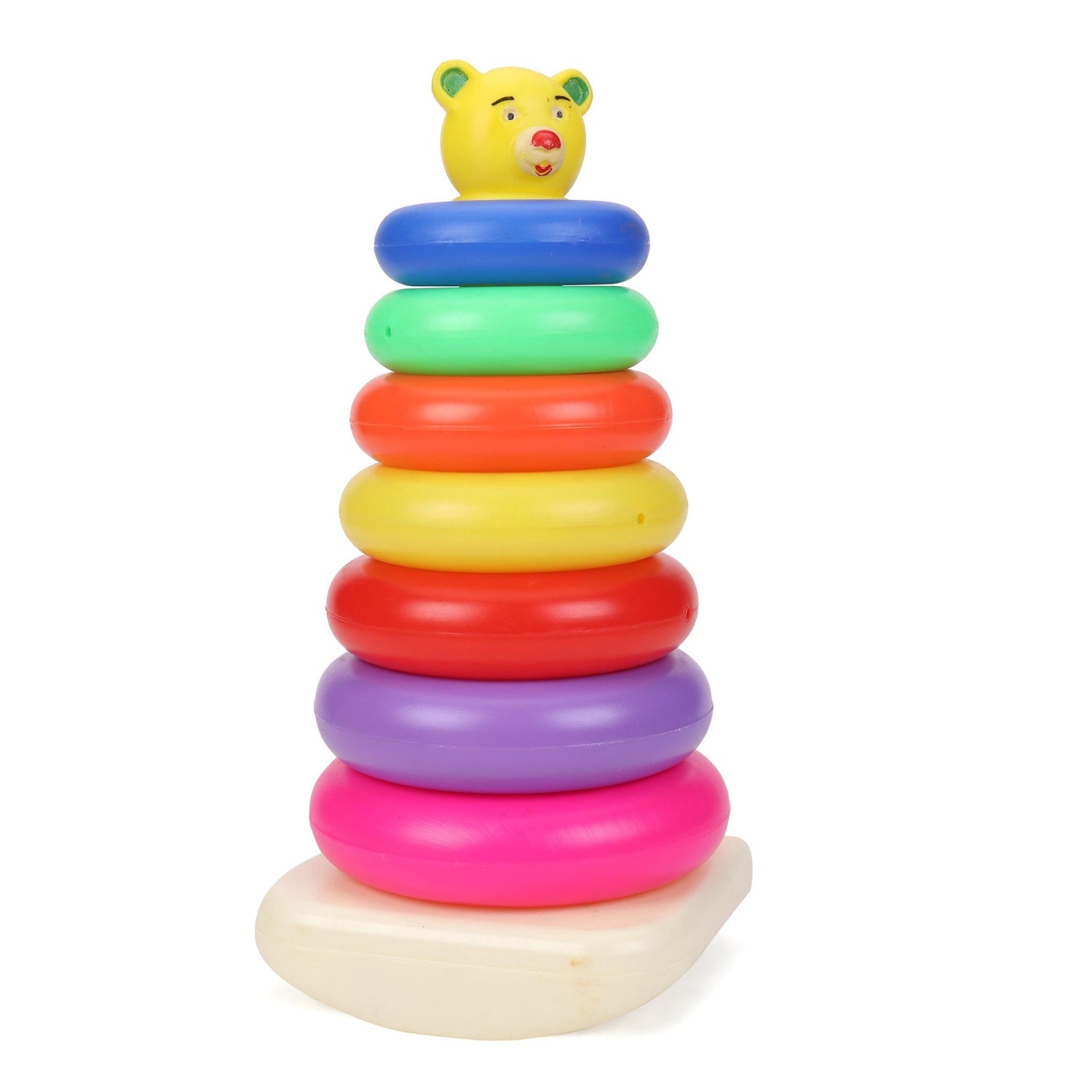 Complete set of 7 vibrant plastic stacking rings for educational play.