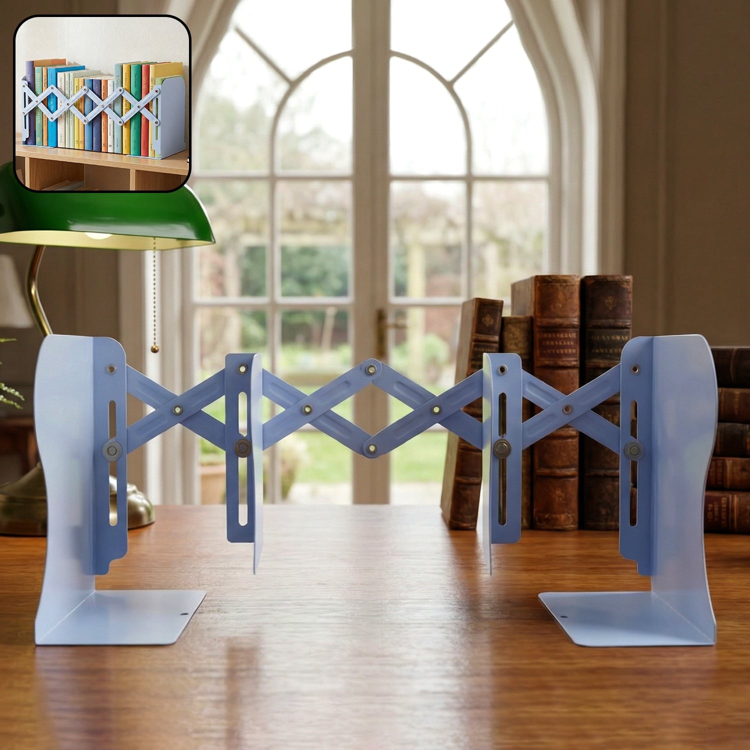 Partially expanded adjustable book stand ready for desk organization