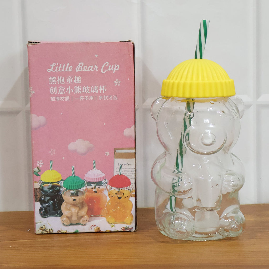 bear design kids glass straw drinking bottle