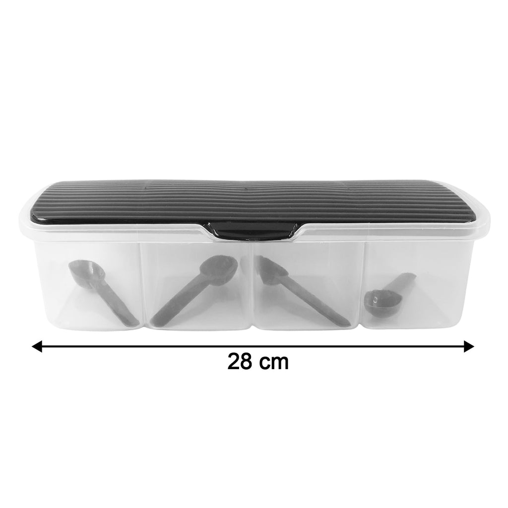 Four spoon set included with plastic 4-section spice box container