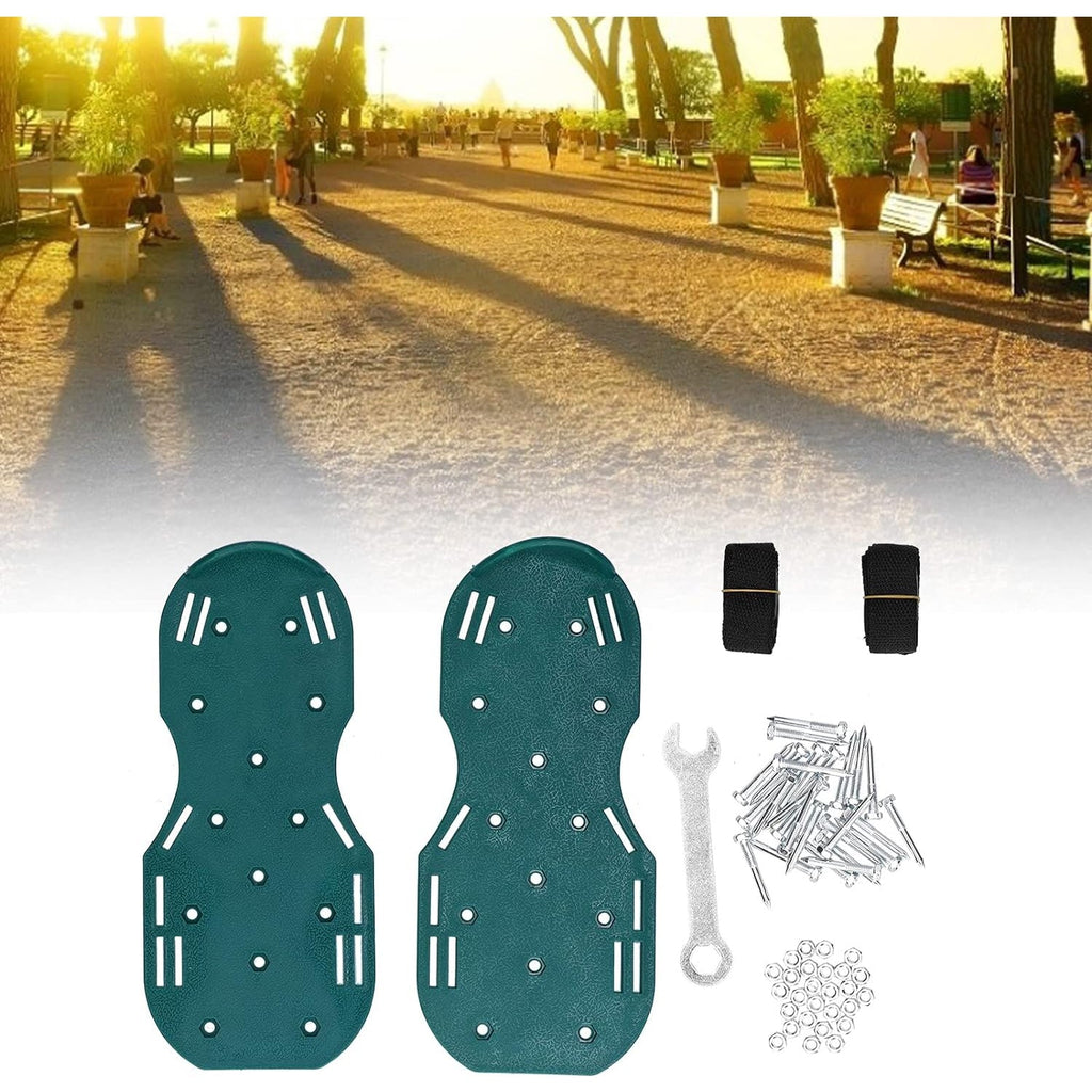 Top view of the spiked garden shoes highlighting the adjustable straps for a secure fit.