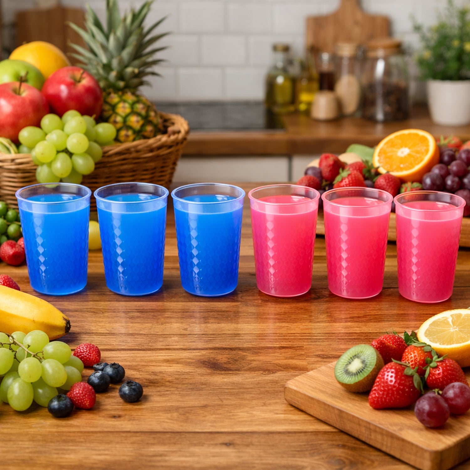 Unbreakable plastic drinking glasses placed on a table