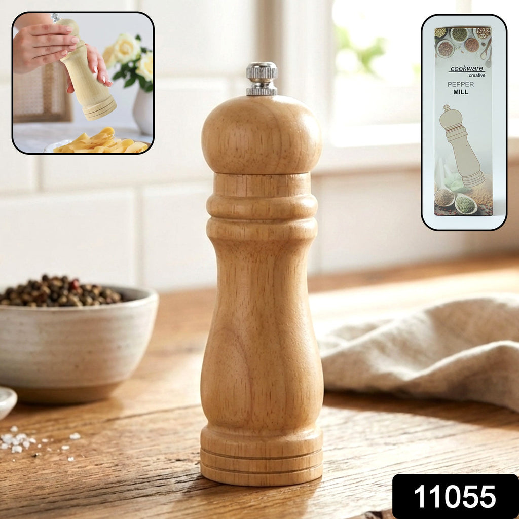 Classic wooden pepper grinder with ergonomic hand crank for cooking