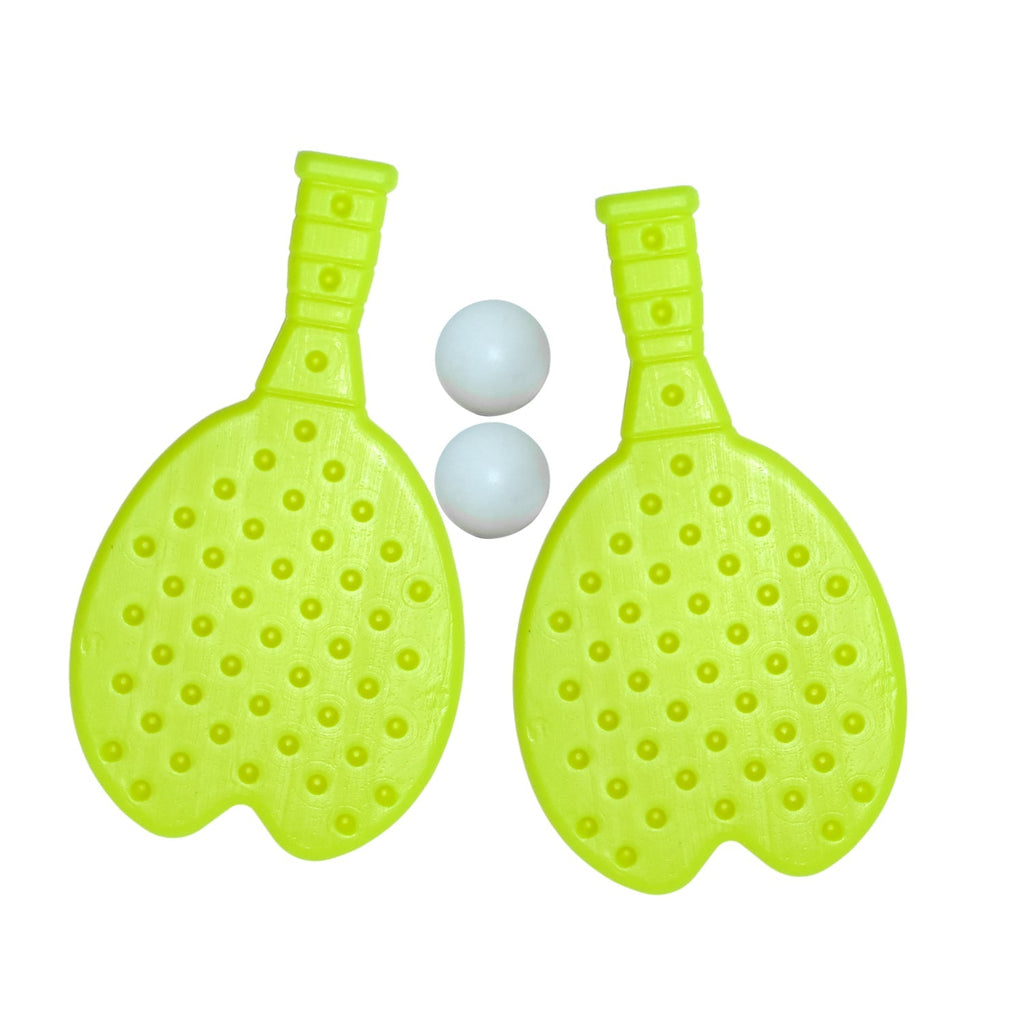 Detailed view of the durable plastic kids table tennis racquet and ball set.