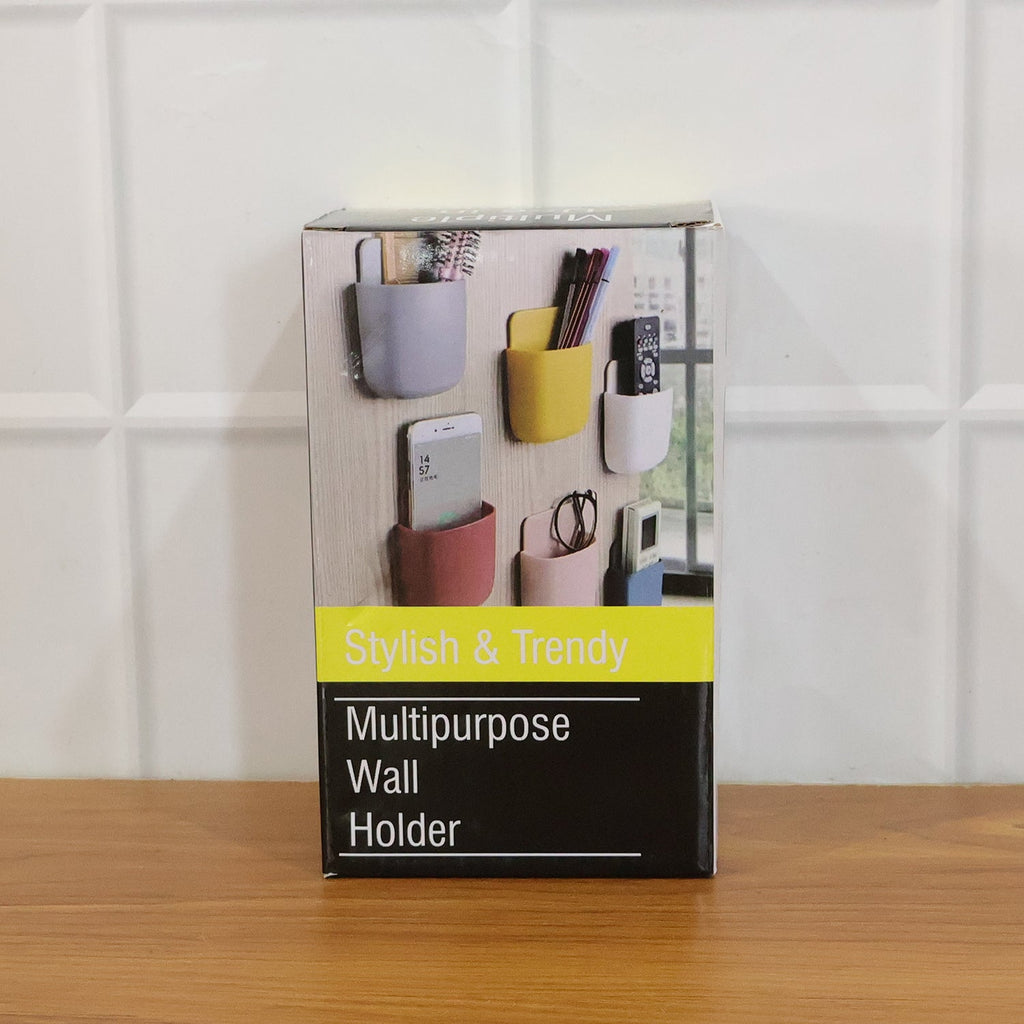 Set of four multi-colour plastic wall holders mounted on a sleek stainless steel surface.