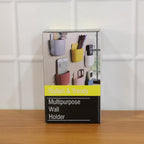 Set of four multi-colour plastic wall holders mounted on a sleek stainless steel surface.